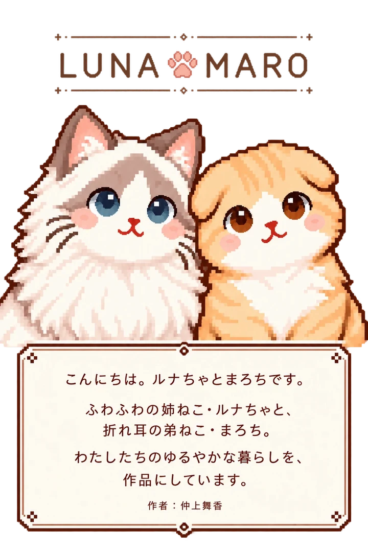 LUNA MARO。ルナちゃとまろちのイラスト。こんにちは。ルナちゃとまろちです。ふわふわの姉ねこ・ルナちゃと、折れ耳の弟ねこ・まろち。わたしたちのゆるやかな暮らしを、作品にしています。作者：仲上舞香